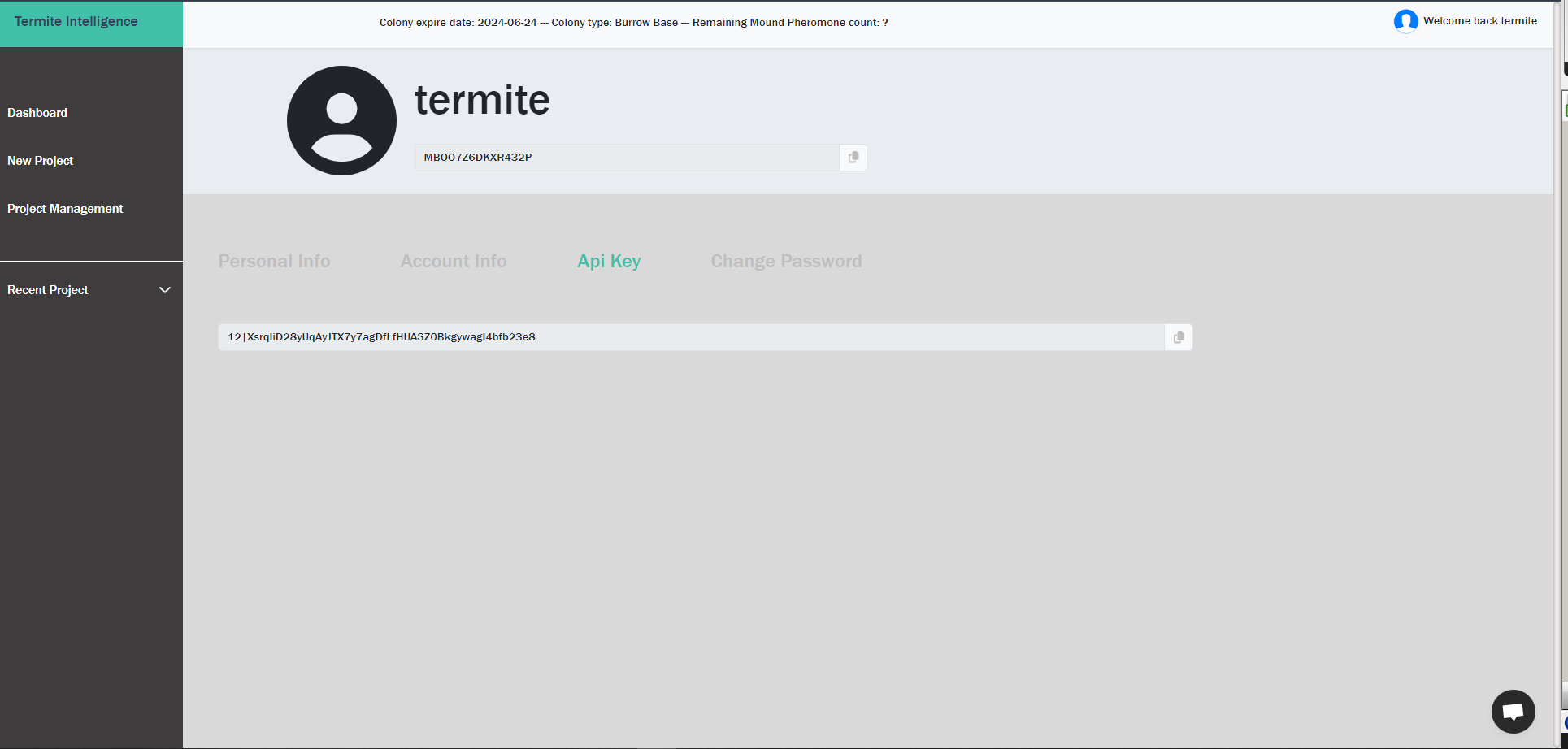 Termite ID and API_key in user profile